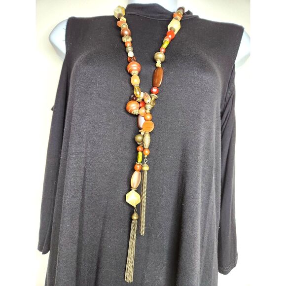 Boho Beaded Tassel Lariat Necklace Long Endless Strand Earth Tones 44 inches - Picture 3 of 9